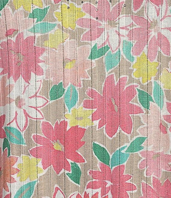 Allison Daley Petite Size Embellished Cheerful Daisy Print 3/4 Sleeve Crew Neck Knit Top Product Image