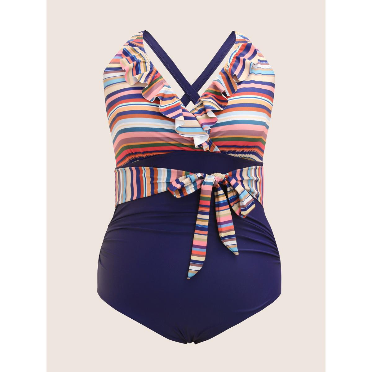 Plus Size Contrast Striped Ruffle Trim Ties One Piece Swimsuit Women's Swimwear Midnight Beach Belted Curve Bathing Suits High stretch One Pieces BloomChic 14-16/1X Product Image