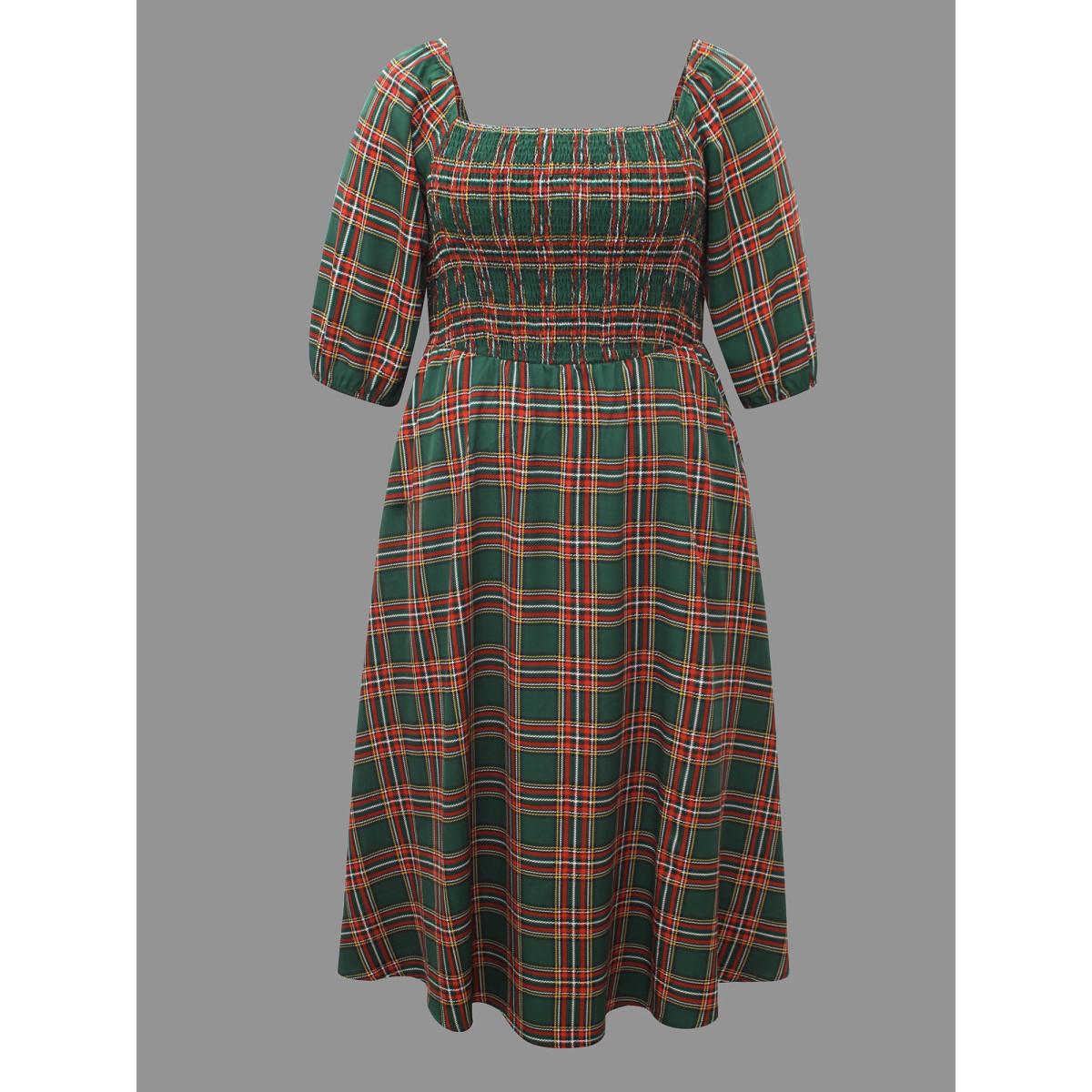 Plus Size Square Neckline Plaid Smocked Bodice Midi Dress Emerald Women Casual Shirred Square Neck Elbow-length sleeve Curvy BloomChic 22-24/3X Product Image