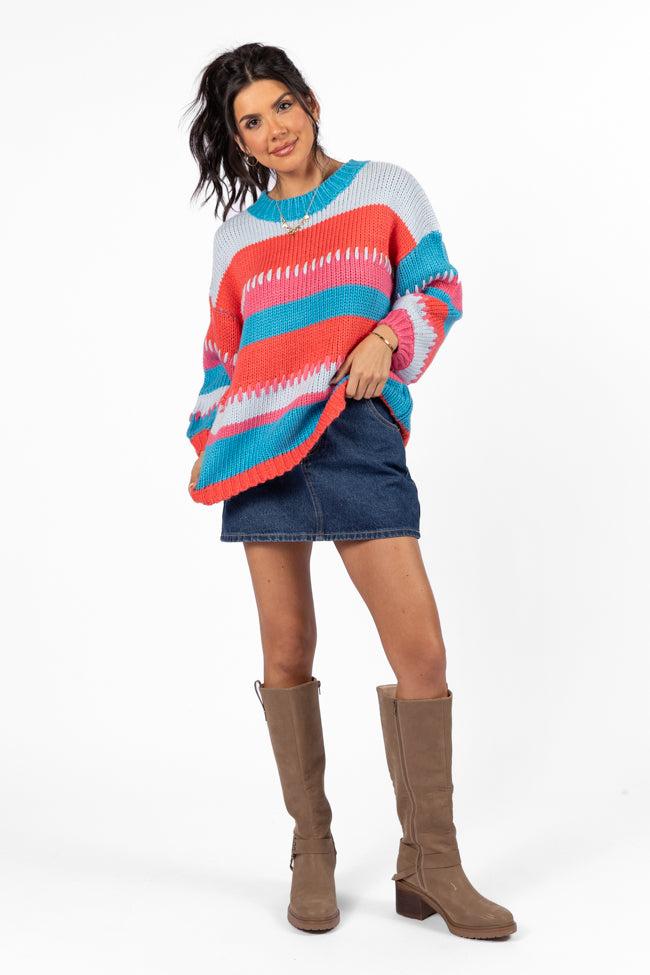 Something Extra Blue Multi Stripe Chunky Knit Stitch Detail Sweater FINAL SALE Product Image