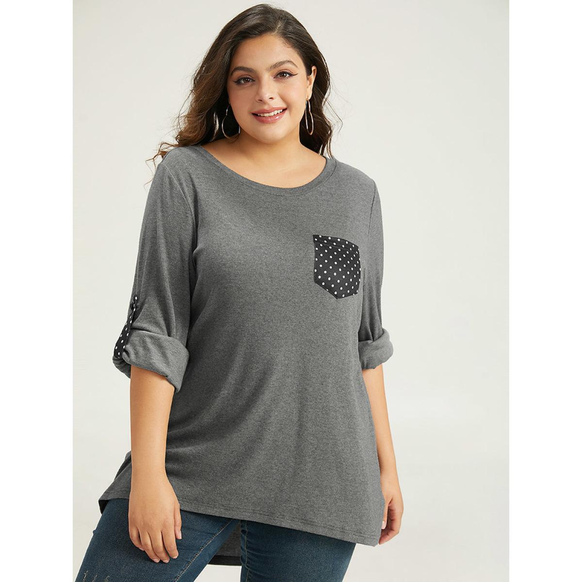 Plus Size Polka Dot Patched Pocket Tab Sleeve T-shirt DimGray Women Casual Contrast Polka Dot Round Neck Dailywear T-shirts BloomChic 12/L Product Image