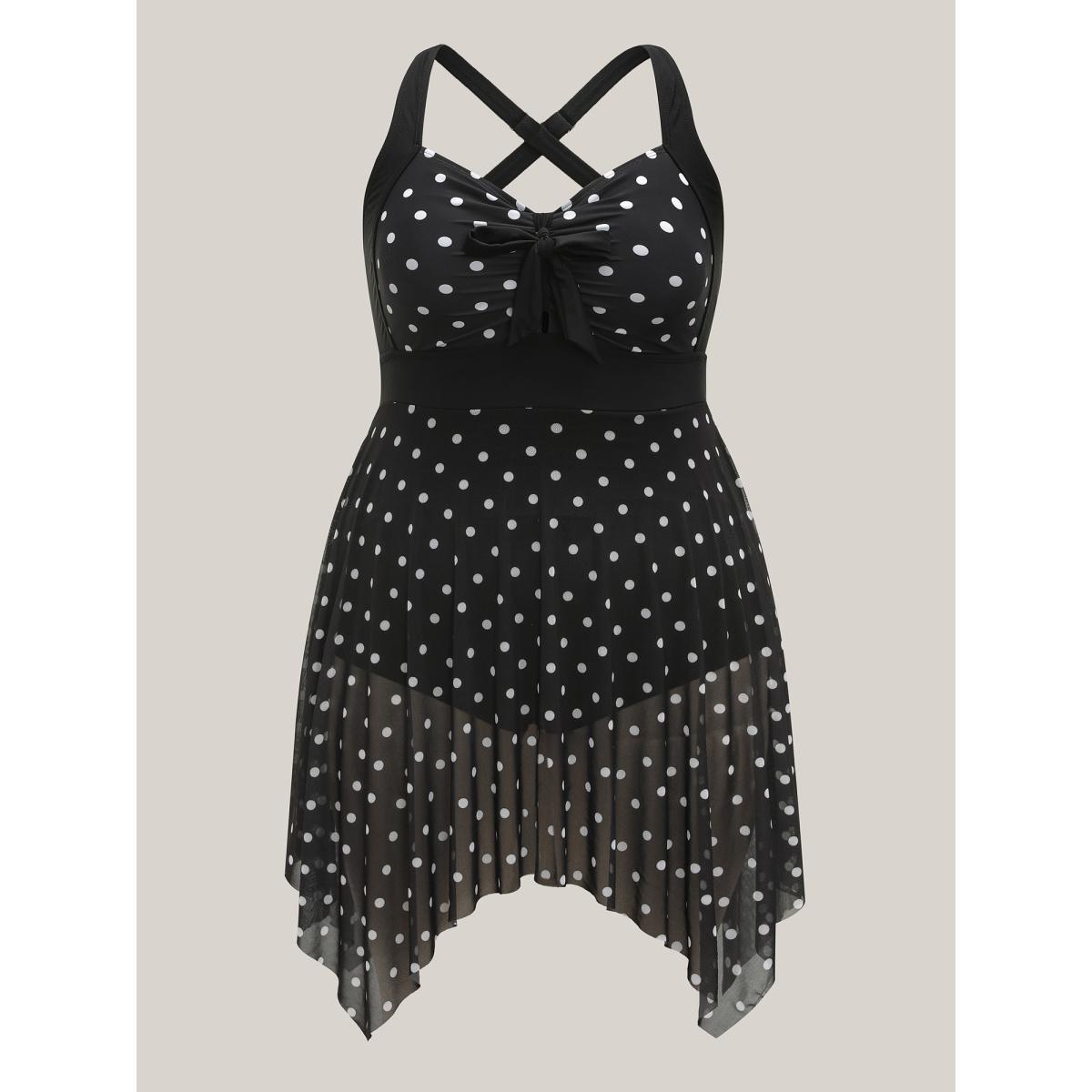 Plus Size Polka Dot Spliced Knotted Swim Dress Women's Swimwear Black Beach Bodycon Halter neck High stretch Curve Swim Dresses BloomChic 26/4X Product Image