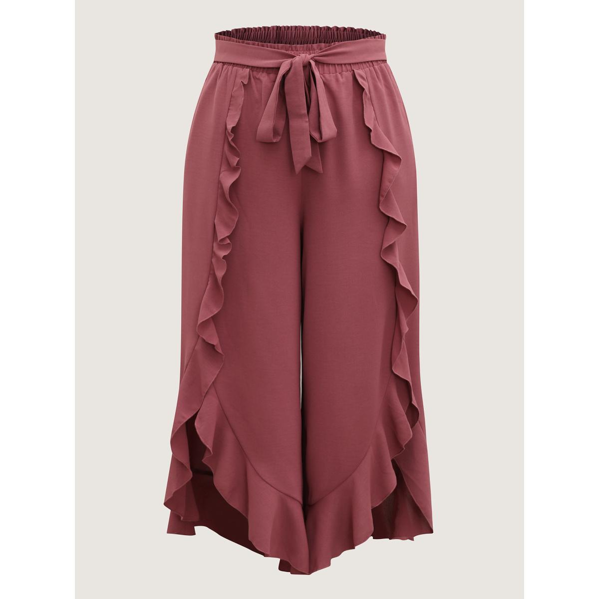 Plus Size Ruffled Hem Waist-Tie Wide-Leg Pants Women Russet Romantic Loose Mid Rise Elegant Pants BloomChic 14-16/1X Product Image