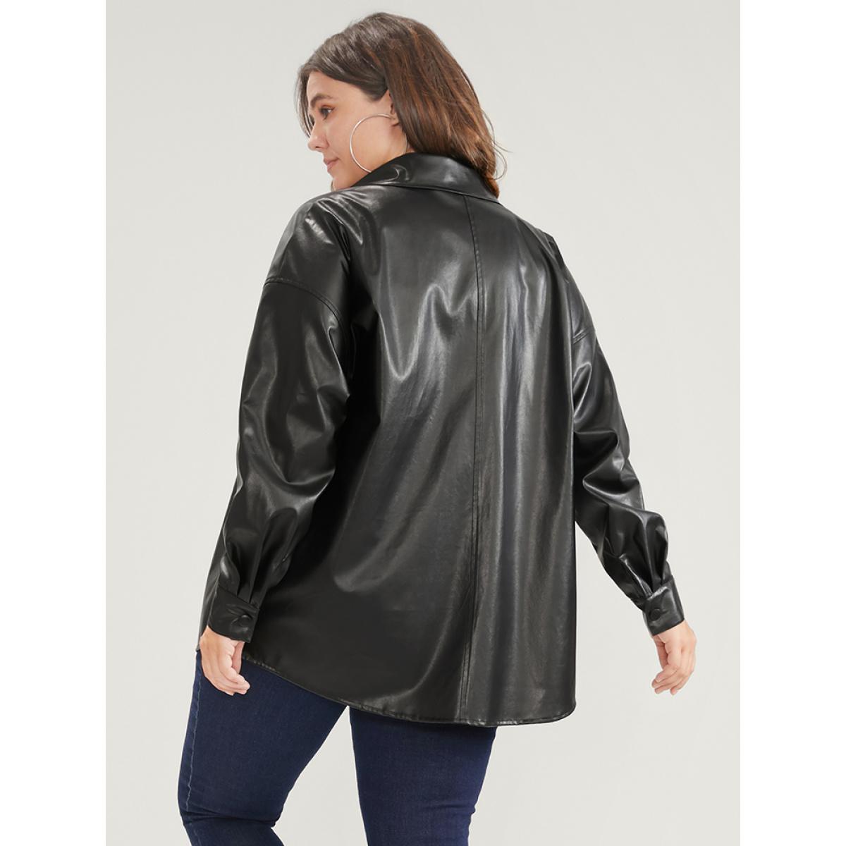 Plus Size PU Leather Pocket Button Up Coat Women Black Casual Button Ladies Dailywear Winter Coats BloomChic 18-20/2X Product Image
