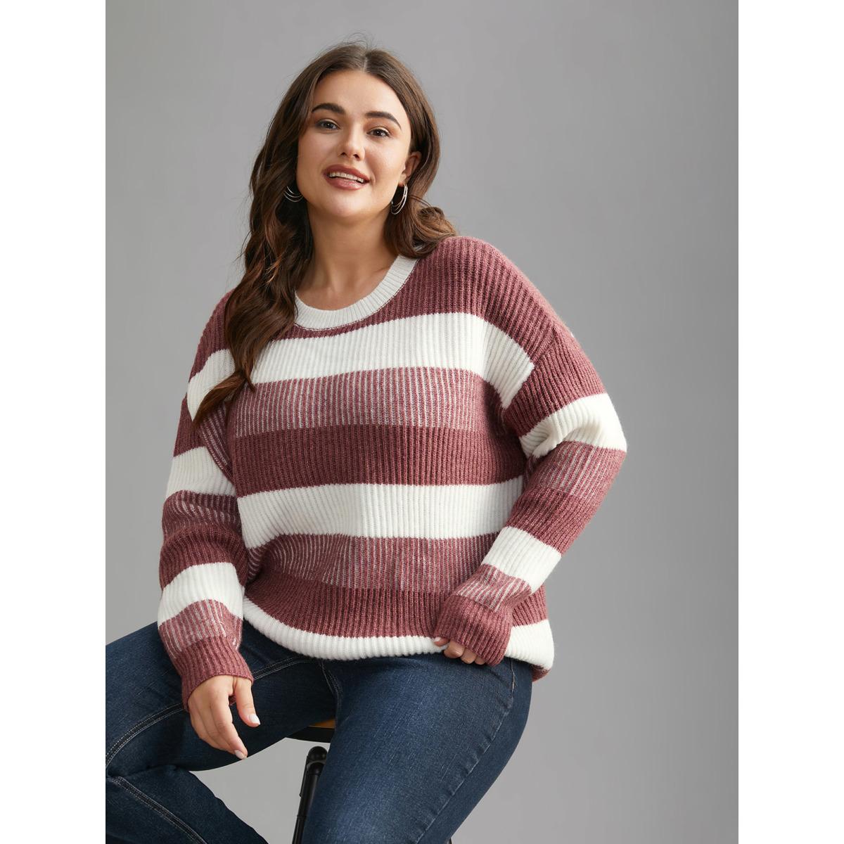 Plus Size Color Block Round Neck Texture Pullover Russet Women Casual Loose Long Sleeve Round Neck Everyday Pullovers BloomChic 22-24/3X Product Image