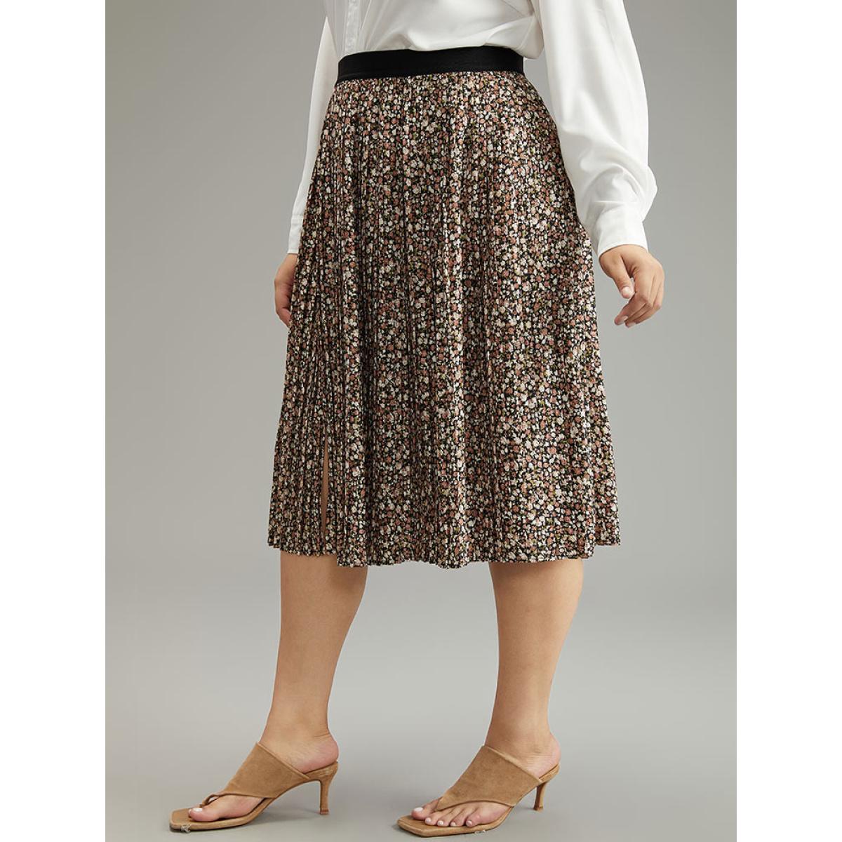 Plus Size Ditsy Floral Elastic Waist Midi Skirt Women Multicolor Elegant Pleated No stretch Dailywear Skirts BloomChic 28/5X Product Image