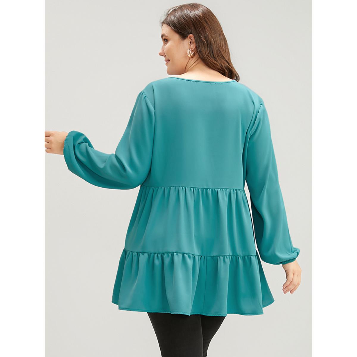 Plus Size Aegean Solid V Neck Lantern Sleeve Ruffle Hem Blouse Without Belt Women Elegant Long Sleeve V-neck Dailywear Blouses BloomChic 10/M Product Image