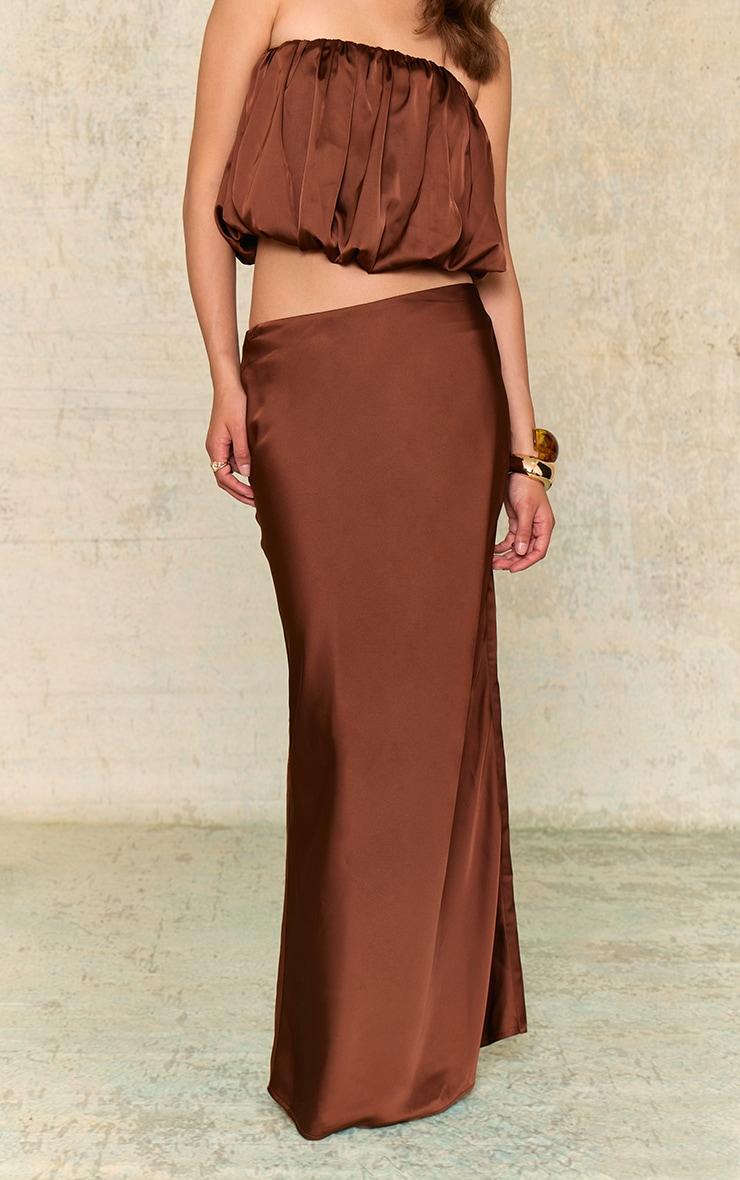 Chocolate Brown Satin Mid Rise Maxi Skirt Product Image