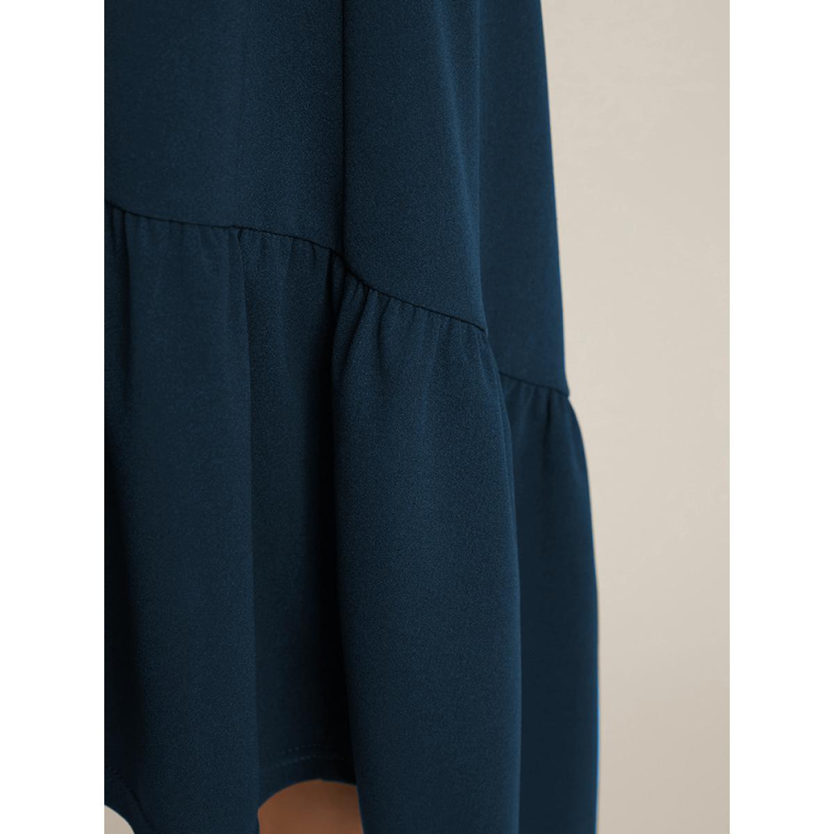 Plus Size Solid Knotted Sleeve Pocket Wrap Ruffle Asymmetrical Hem Dress Aegean Women Office Plain V-neck Long Sleeve Curvy Midi Dress BloomChic 14-16/1X Product Image