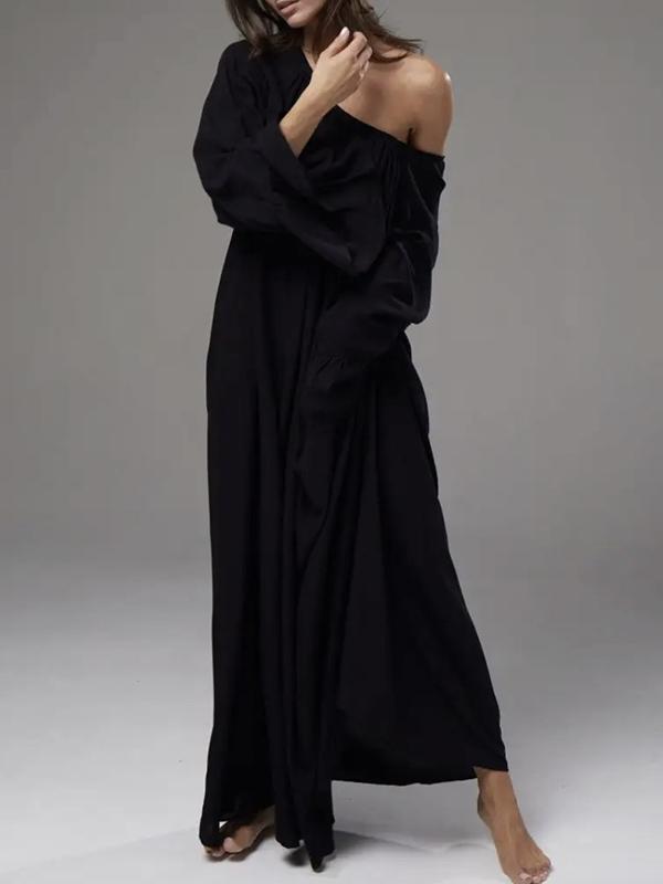 Flared Sleeves Loose Pleated Solid Color Split-Joint Round-Neck Maxi Dresses Product Image