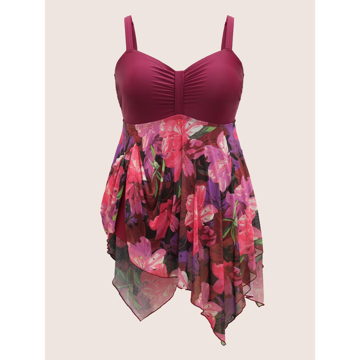 Plus Size Floral Patchwork Tummy Control Ruched Swim Dress Women's Swimwear RedViolet Beach Bodycon Heart neckline High stretch Curve Swim Dresses BloomChic 22-24/3X Product Image