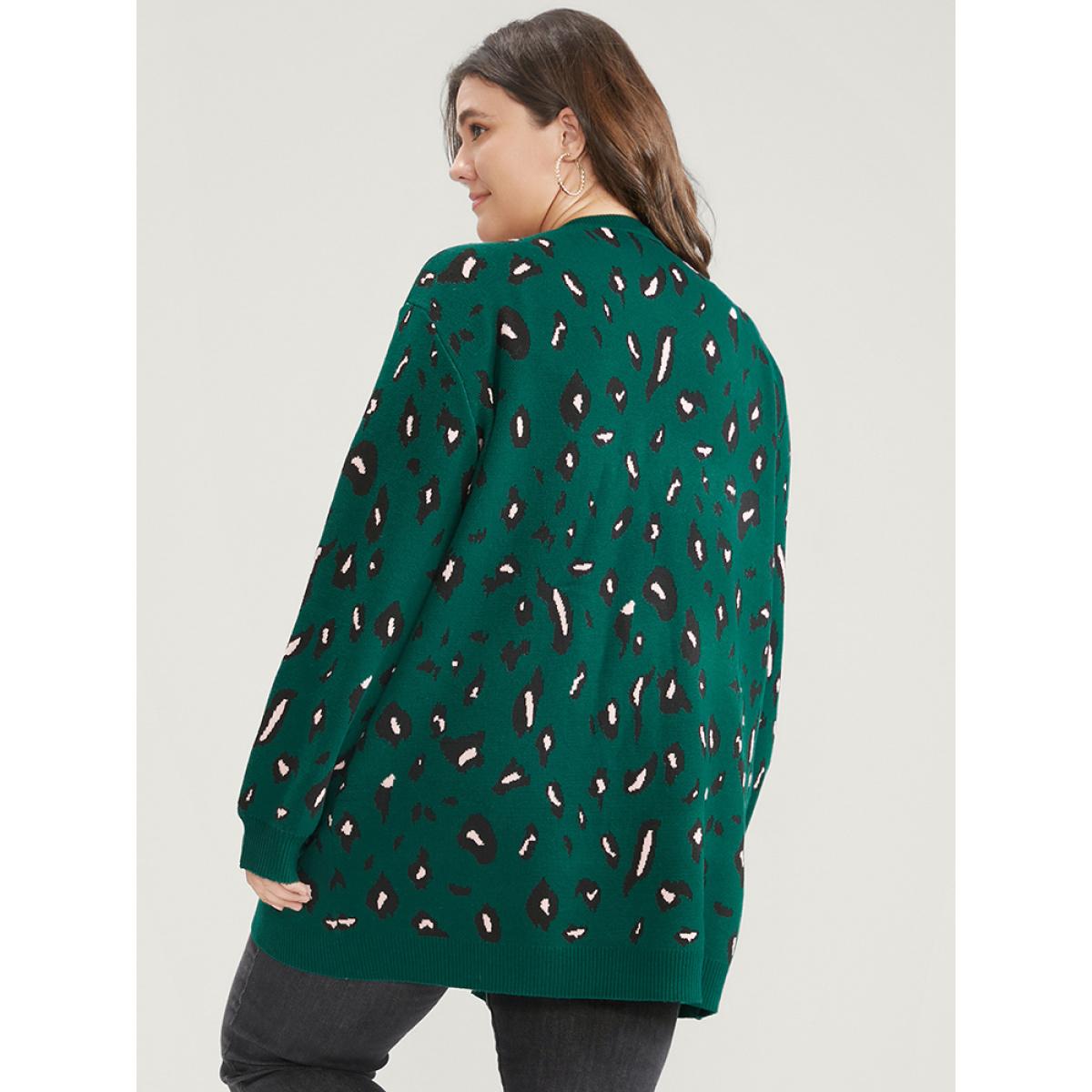 Plus Size Leopard Super Soft Knit Pocket Jacquard Open Front Cardigan DarkGreen Women Casual Long Sleeve Dailywear Cardigans BloomChic 28/5X Product Image