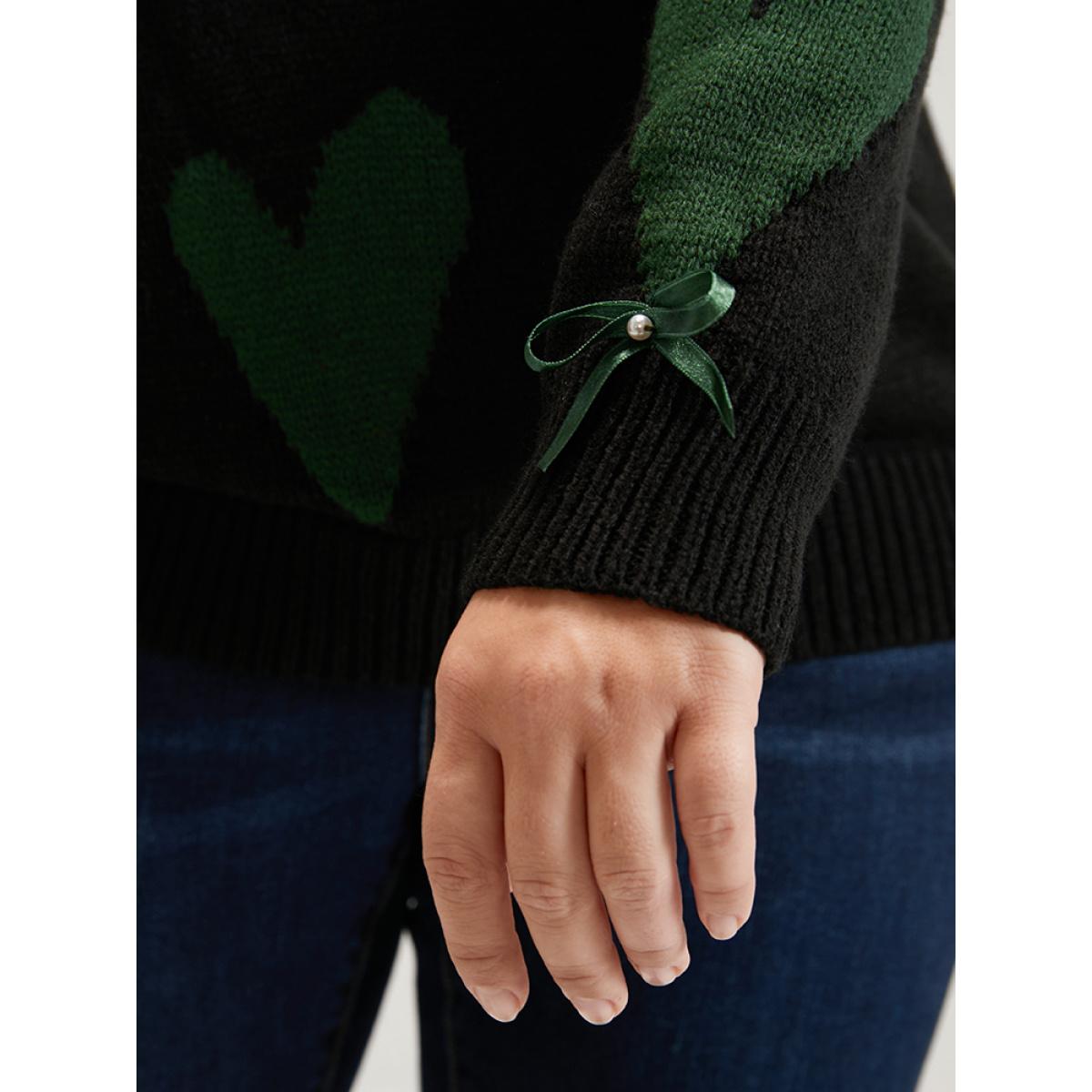 Plus Size Heart Print Contrast Pointelle Knit Bowknot Beaded Knit Top Black Women Elegant Long Sleeve Round Neck Dailywear Pullovers BloomChic 28/5X Product Image