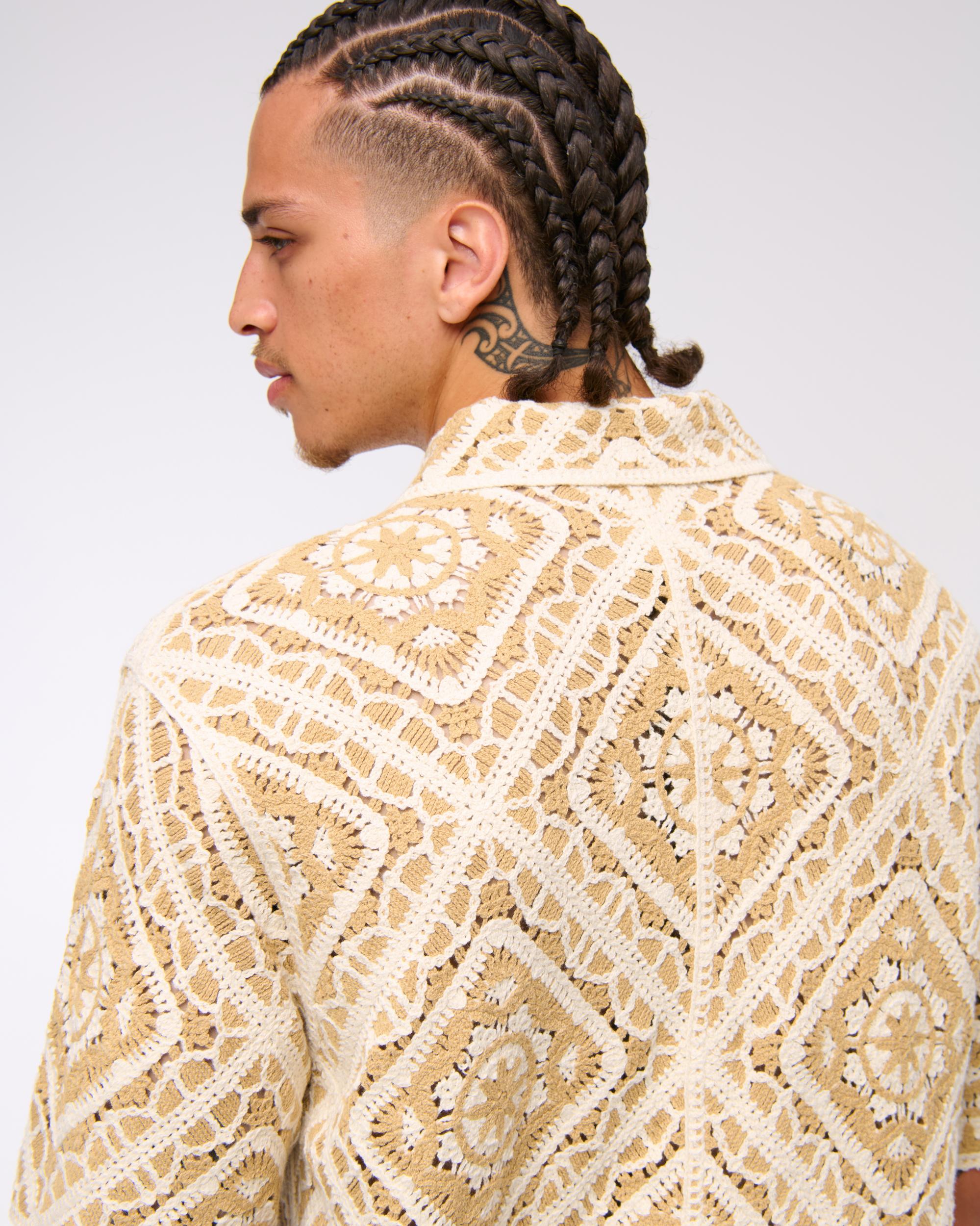 Crochet-Style Border Stripe Button-Through Sweater Polo Product Image