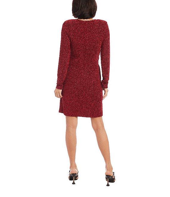 Karen Kane Soft Metallic Knit Surplice V-Neck Long Sleeve Front Twist Stretch Sheath Dress Product Image