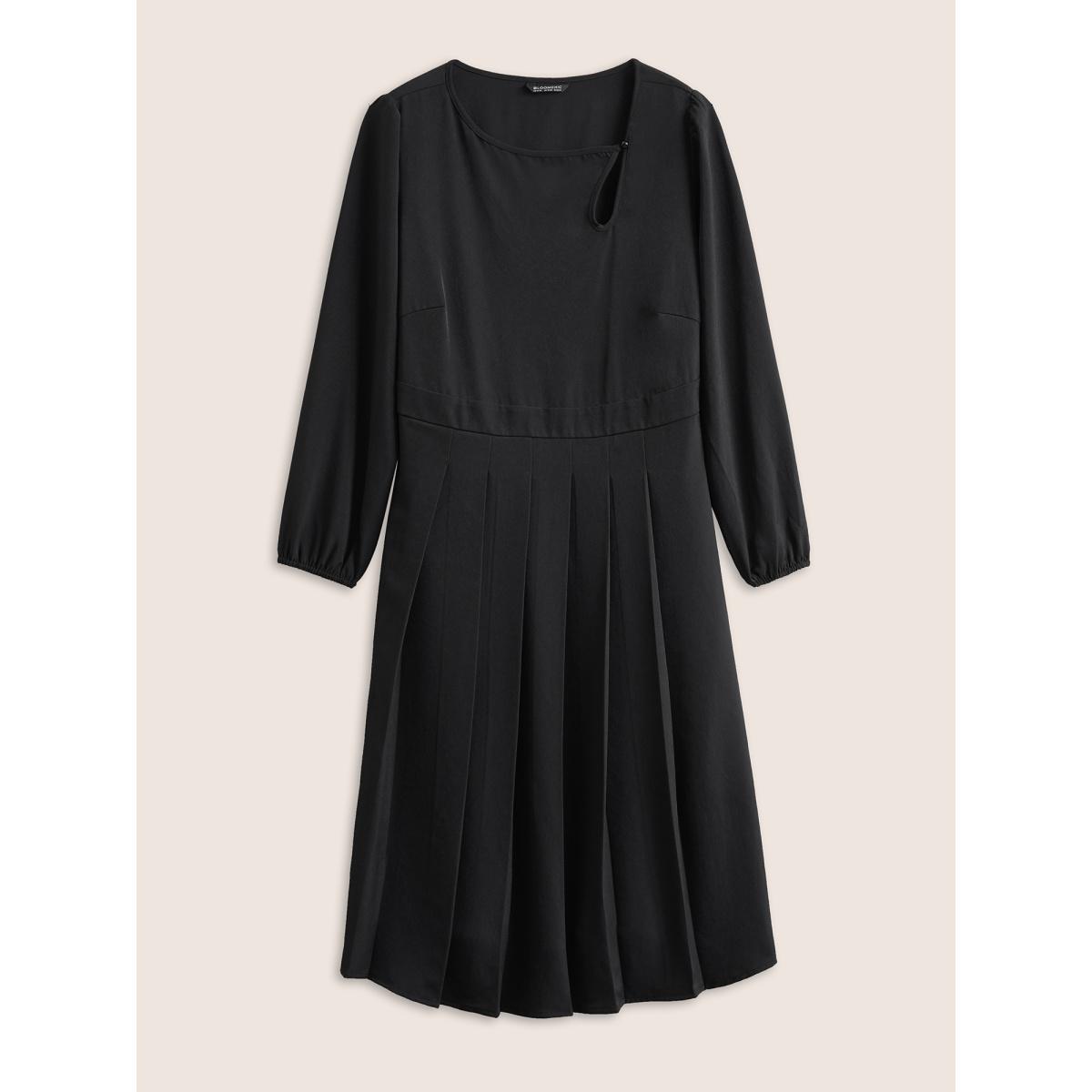Plus Size Anti-Wrinkle Asymmetrical Neck Keyhole Pleated Hem Dress Black Women At the Office Non Asymmetrical Neck Long Sleeve Curvy Midi Dress BloomChic 10/M Product Image