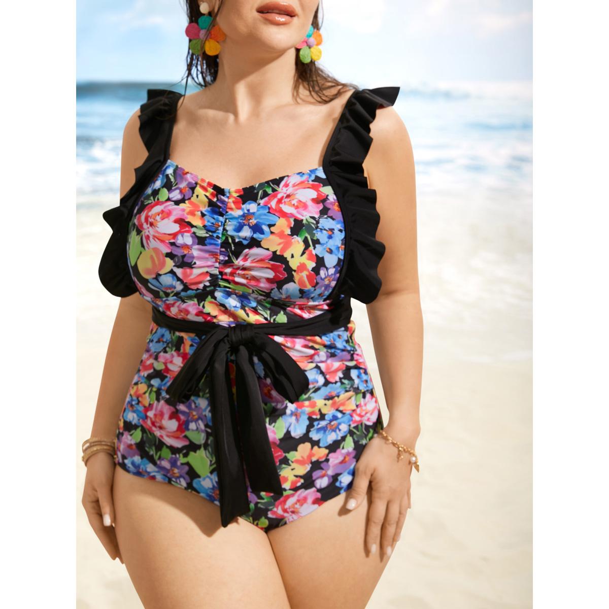 Plus Size Floral Contrast Tie Knot Ruffle Trim One Piece Swimsuit Women's Swimwear Black Beach Tie knot Curve Bathing Suits High stretch One Pieces BloomChic 28/5X Product Image