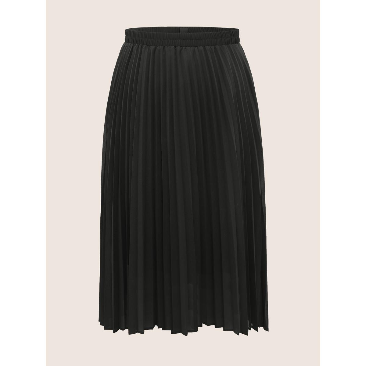 Plus Size Solid Pleated Elastic Waist Mesh Skirt Women Black Elegant Pleated No stretch Everyday Skirts BloomChic 22-24/3X Product Image