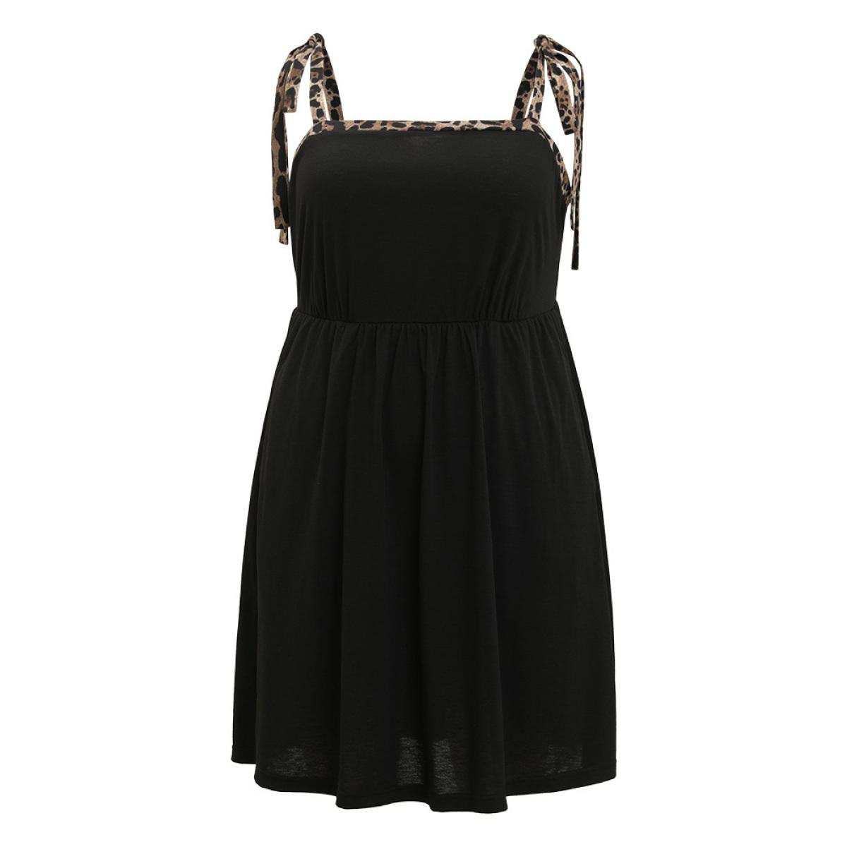 Plus Size Supersoft Essentials Leopard Patchwork Elastic Waist Pocket Cami Dress Black Women Casual Adjustable Straps Spaghetti Strap Sleeveless Curvy Knee Dress BloomChic 30/6X Product Image