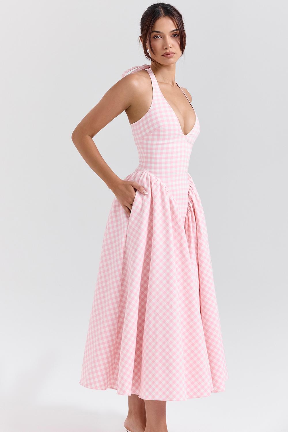 Marilyn  strawberry shortcake gingham halter midi sundress Product Image