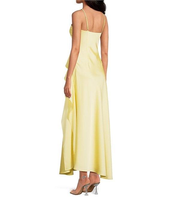 Gianni Bini Quinn Ruffle Draped V-Neck Sleeveless Satin Dress Product Image