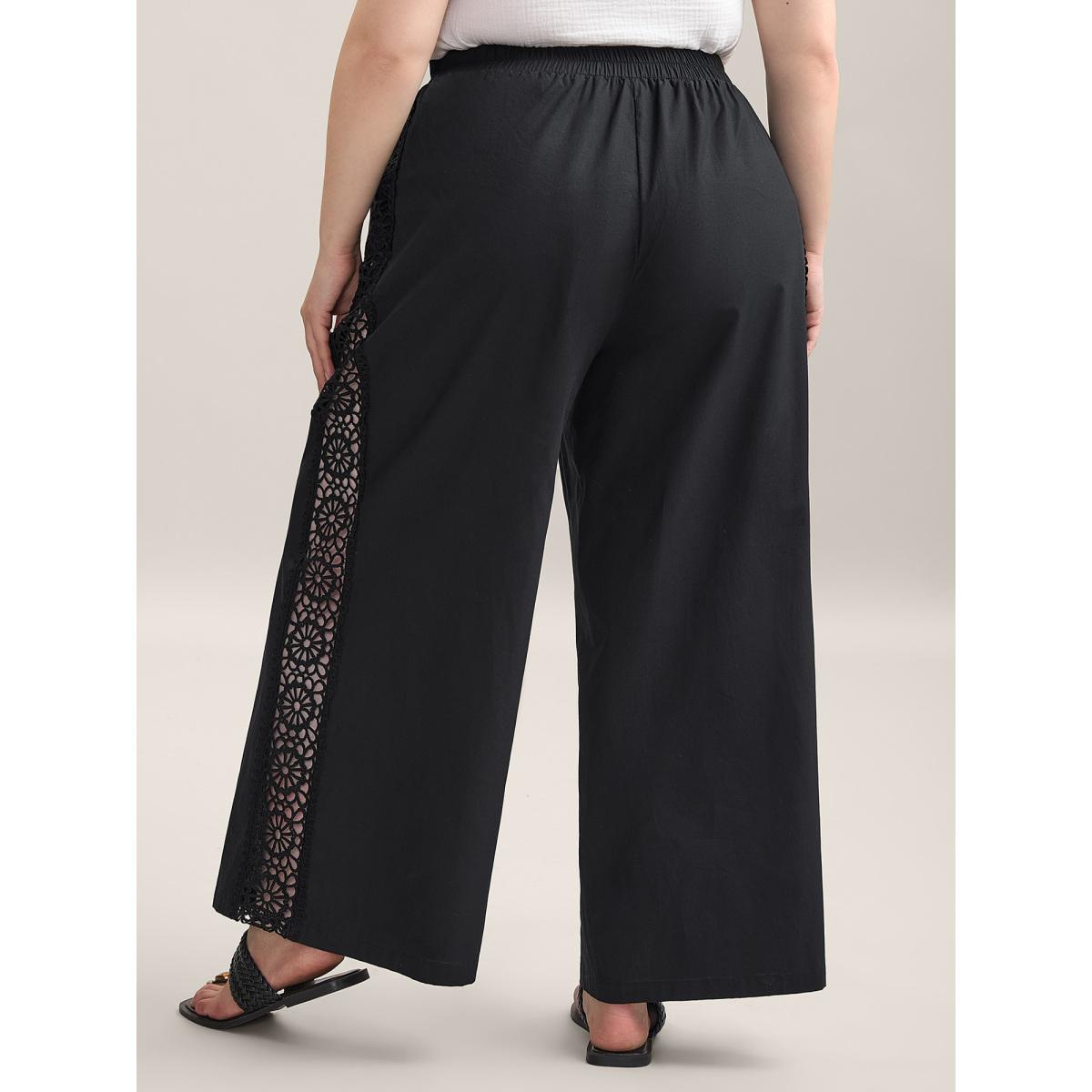 Plus Size Cotton Side Lace Wide-Leg Pants Women Black Resort Wide Leg Mid Rise Vacation Pants BloomChic 14-16/1X Product Image
