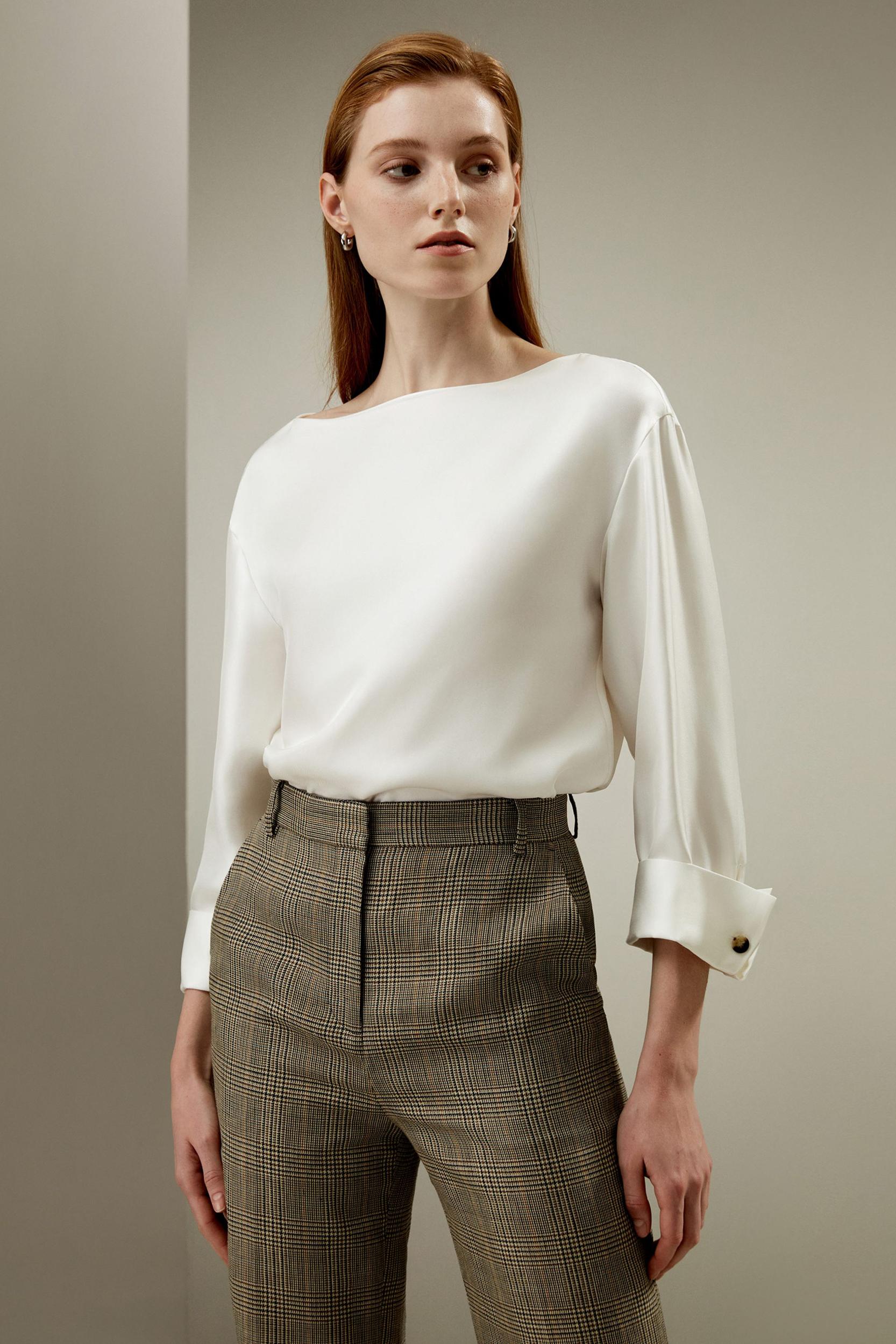 Silk Twill Blouse with Boat Neckline Product Image