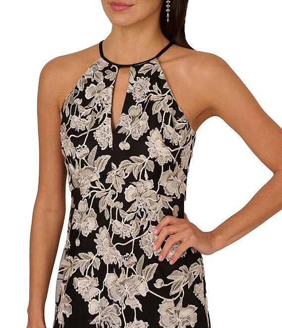 Adrianna Papell Embroidered Floral Print Halter Neck Sleeveless A-Line Gown Product Image