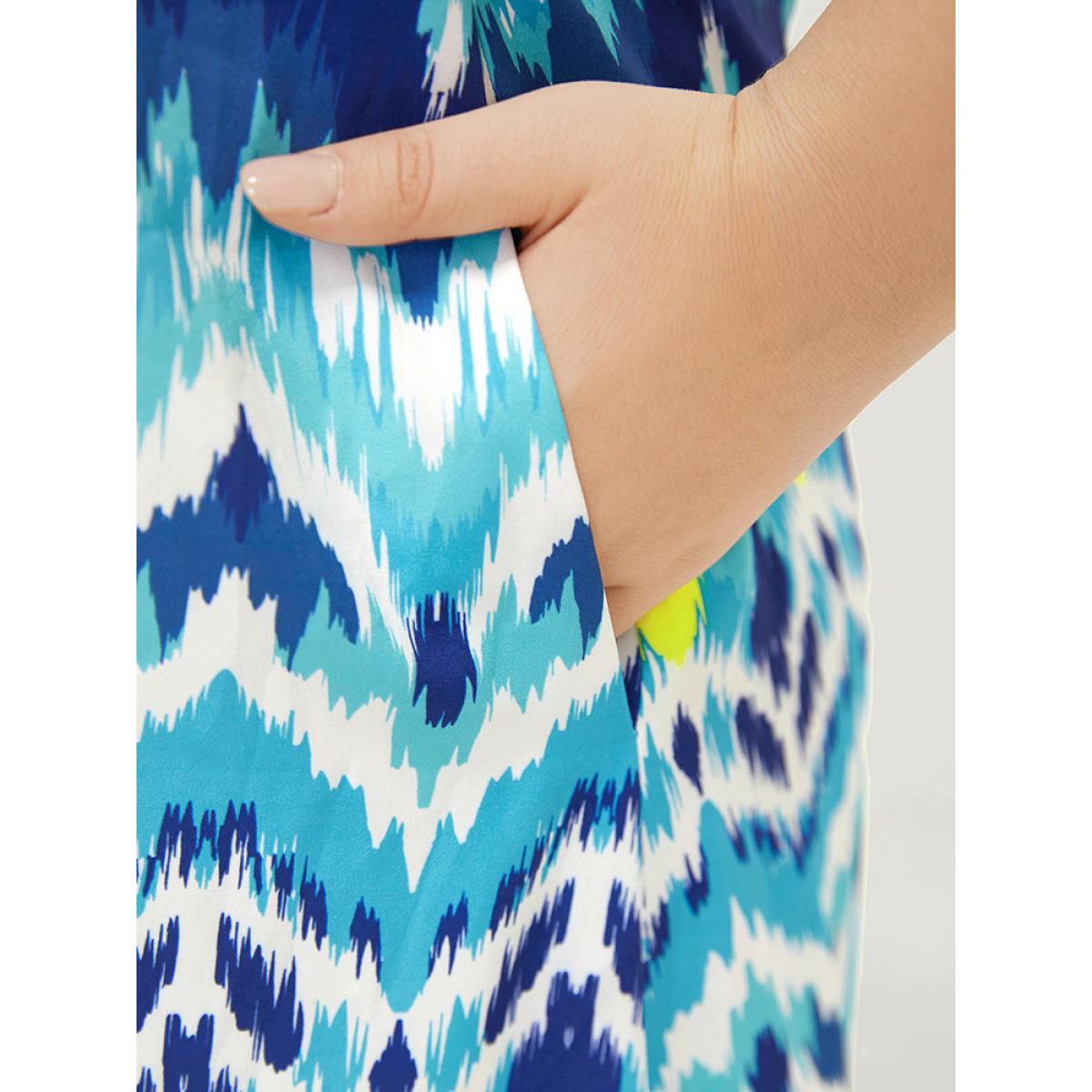 Plus Size Bandana Geometric Ruffles Hem Pocket Spaghetti Strap Dress LightBlue Women Vacation Spaghetti Strap Sleeveless Curvy Midi Dress BloomChic 28/5X Product Image