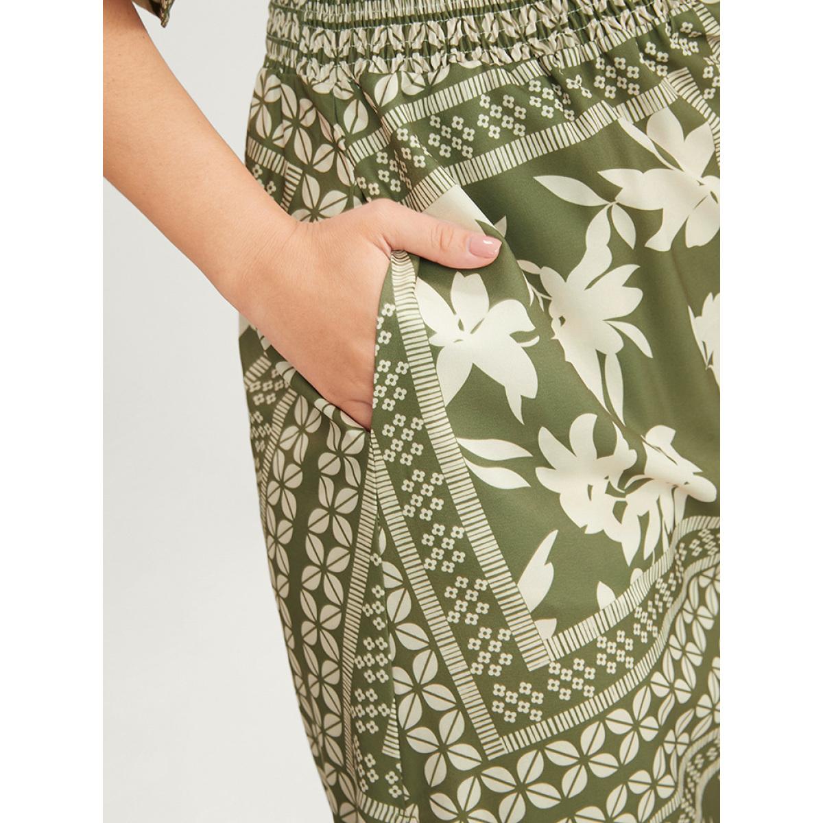 Plus Size Floral Print Ruffles V Neck Shirred Pocket Split Hem Dress Mint Women Vacation Pocket V-neck Short sleeve Curvy Midi Dress BloomChic 18-20/2X Product Image