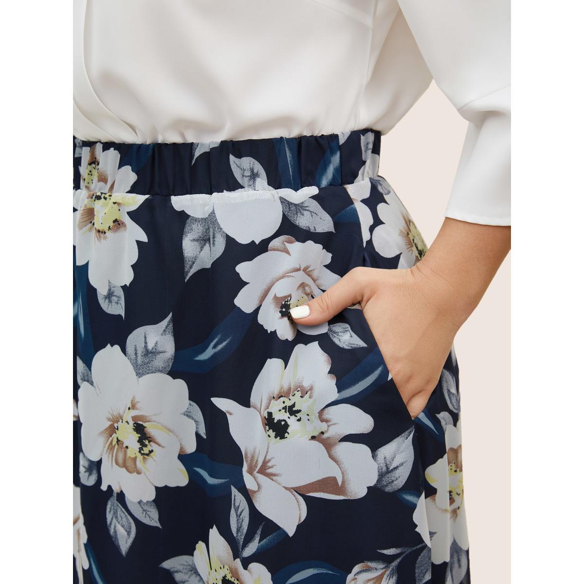 Plus Size Chiffon Mesh Floral Elastic Waist Skirt Women Navy Elegant See through No stretch Side seam pocket Everyday Skirts BloomChic 18-20/2X Product Image