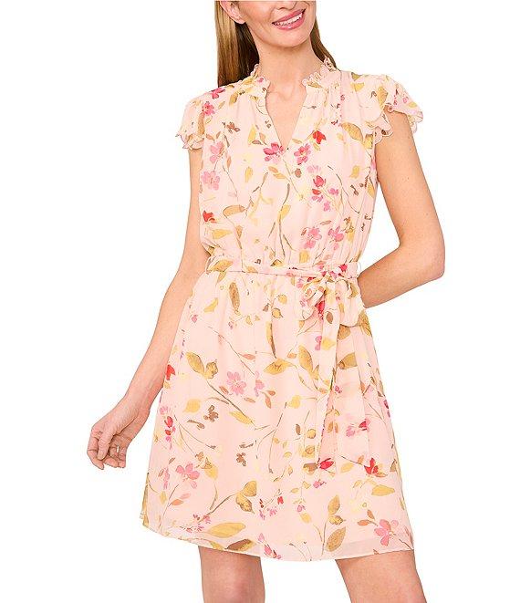 CeCe Woven Floral Print Split Round Neck Flutter Sleeve Tie Front Mini Dress Product Image