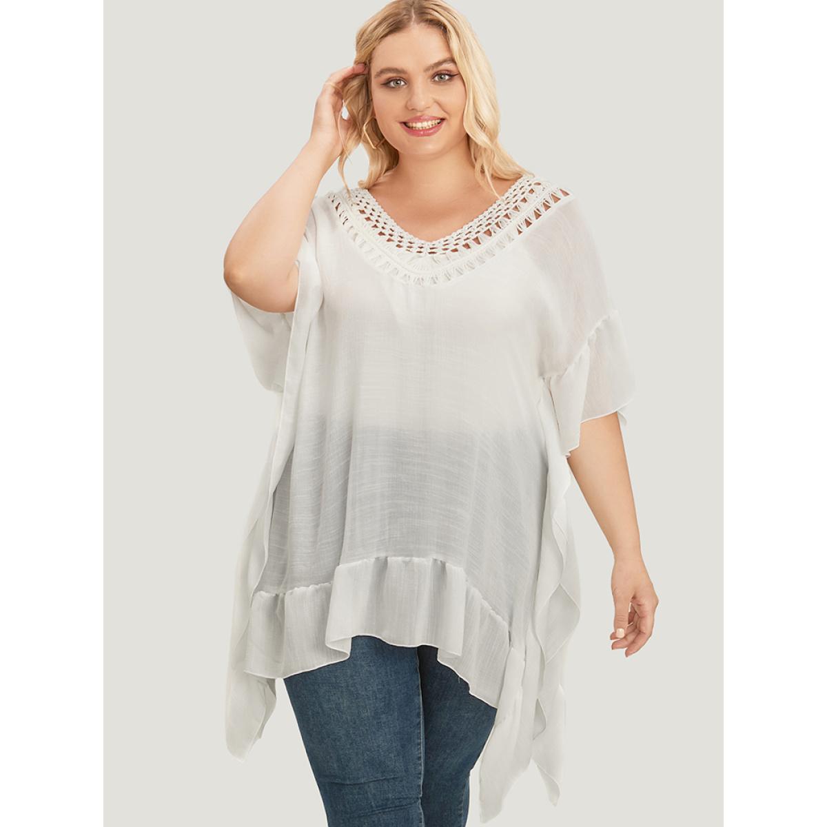 Plus Size Solid Ruffle Trim Dolman Sleeve Lace Asymmetrical Hem Knit Top White Women Elegant Short sleeve V-neck Dailywear Pullovers BloomChic 18-20/2X Product Image