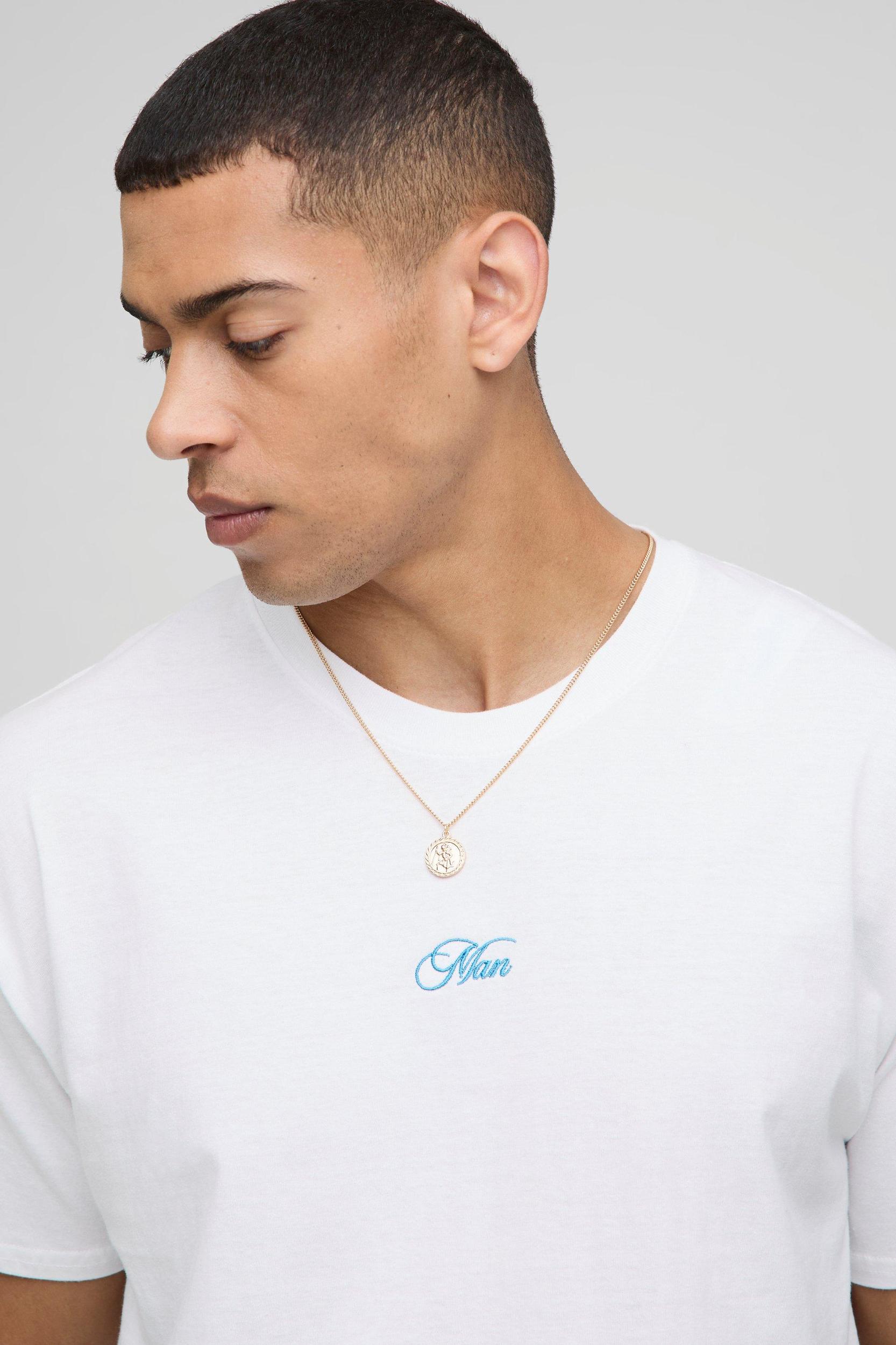 White Oversized Embroidered MAN T-Shirt | boohooMAN USA Product Image