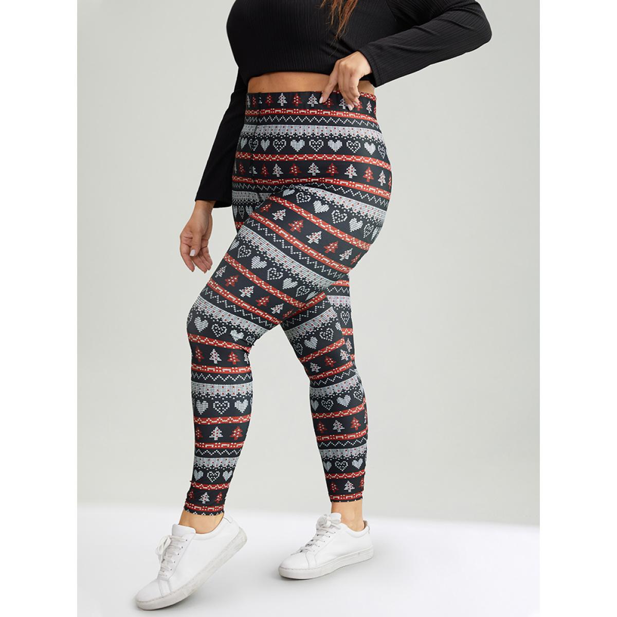 Plus Size Christmas Print Mid Rise Skinny Leggings Women BlackFlower Casual High stretch Skinny Mid Rise Festival-Christmas Leggings BloomChic 12/L Product Image