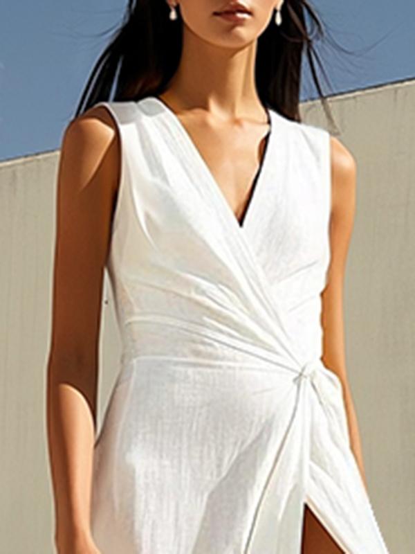 Sleeveless Asymmetric Solid Color Split-Joint Split-Side V-Neck Maxi Dresses Product Image