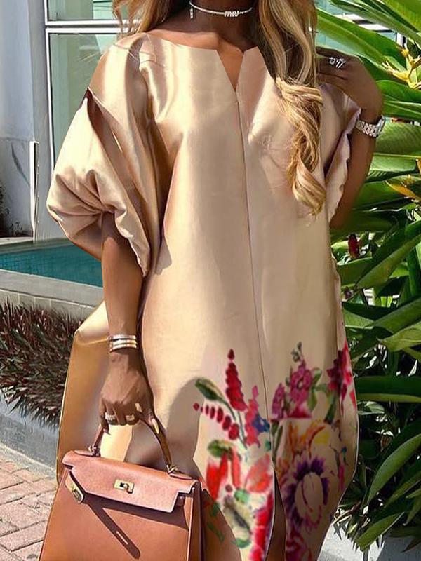 A-Line Half Sleeves Elasticity Flower Print Split-Front V-Neck Maxi Dresses Product Image