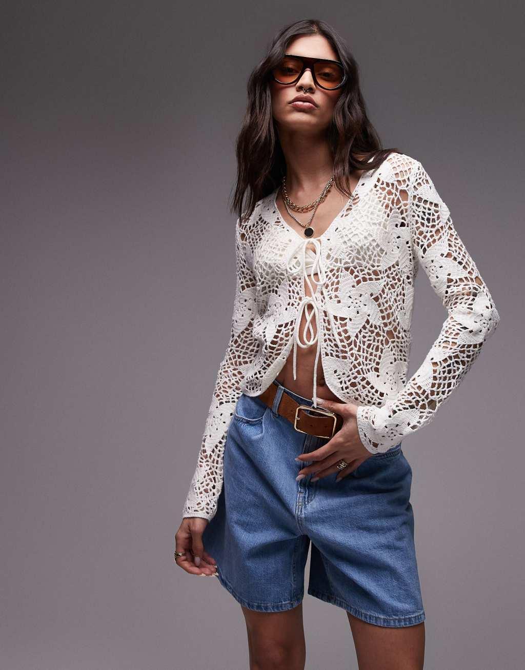 Topshop knit crochet flower tie cardigan in ivory Product Image