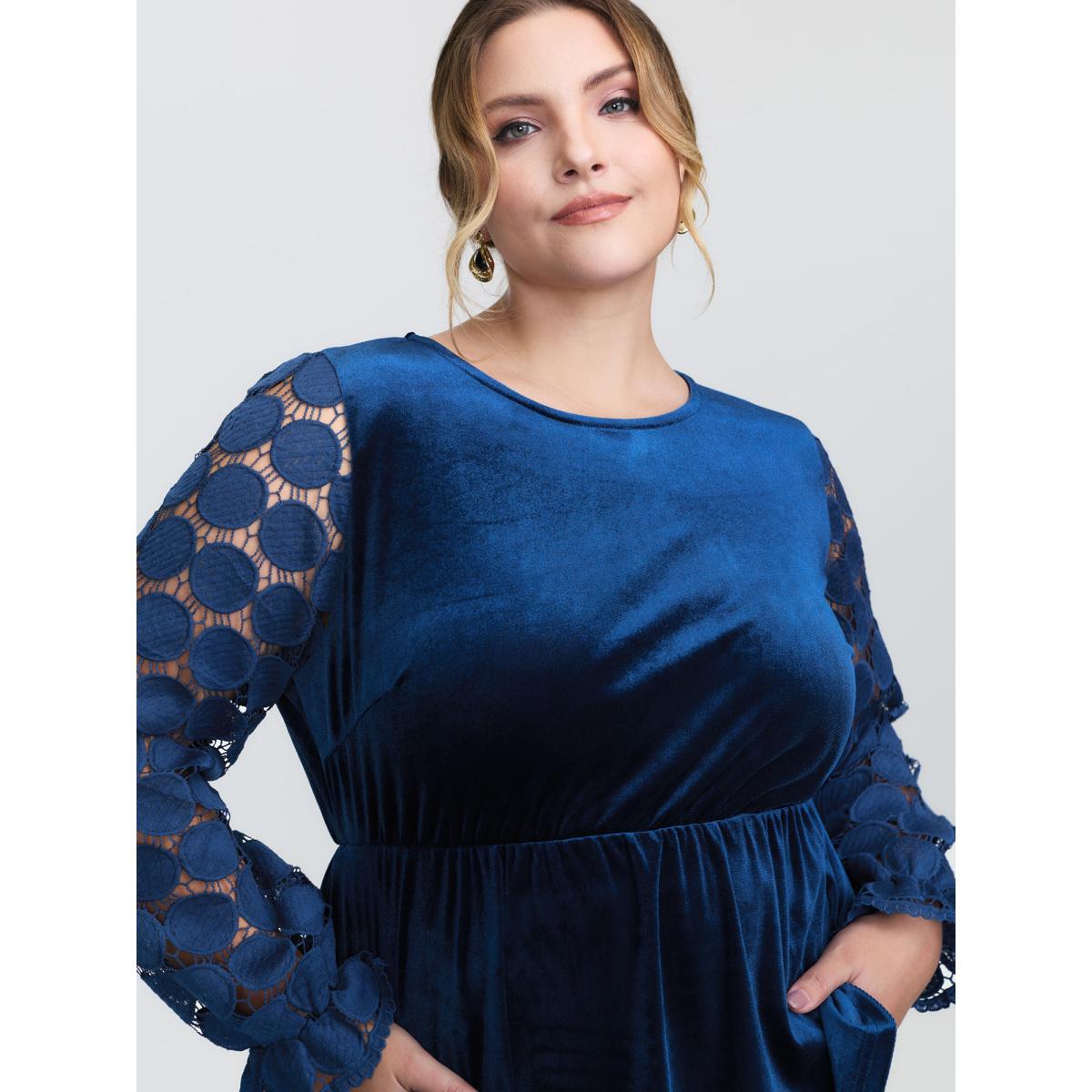 Plus Size Indigo Velvet Sheer Lace Sleeve Flared Blouse Women Romantic Long Sleeve Round Neck Elegant Blouses BloomChic 30/6X Product Image