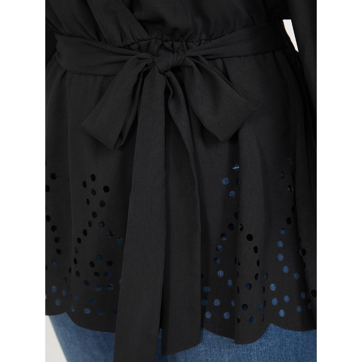 Plus Size Black Solid Wrap Lantern Sleeve Laser Cut Belted Blouse Women Office Long Sleeve V-neck Work Blouses BloomChic 26/4X Product Image