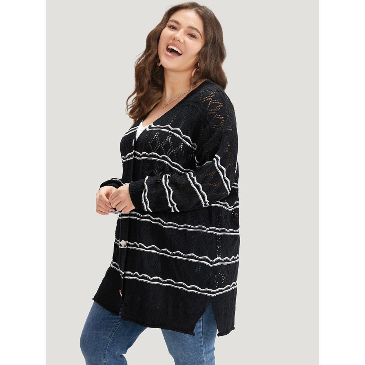 Plus Size Striped Geometric Button Through Cardigan Black Women Casual Loose Long Sleeve Dailywear Cardigans BloomChic 10/M Product Image