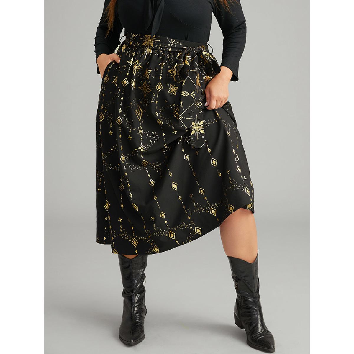 Plus Size Halloween Glitter Geometric Belted Pocket Skirt Women Black Elegant A-line No stretch Pocket Belt Festival-Halloween Skirts BloomChic 22-24/3X Product Image