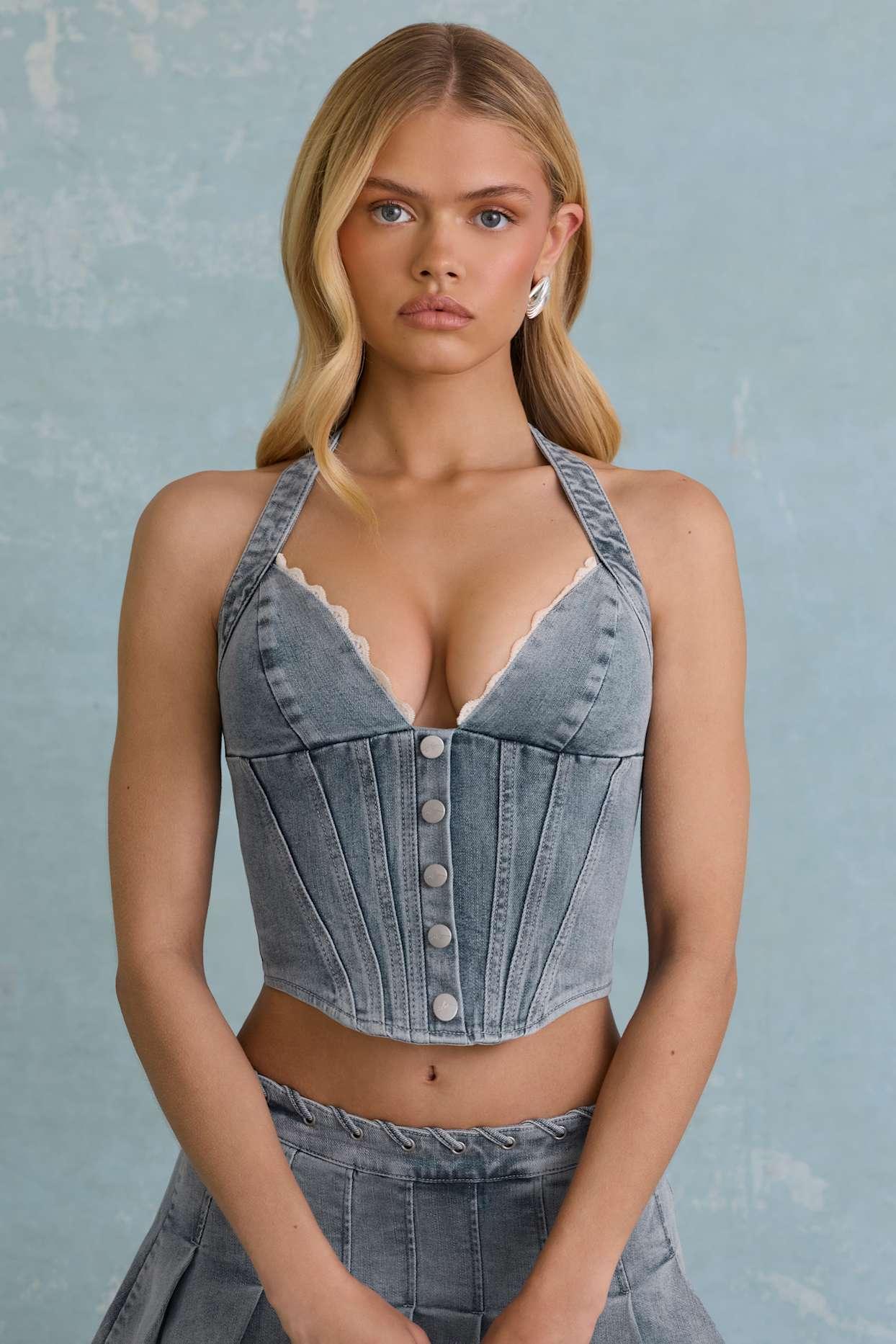 Halterneck Corset Top in Light Blue Product Image