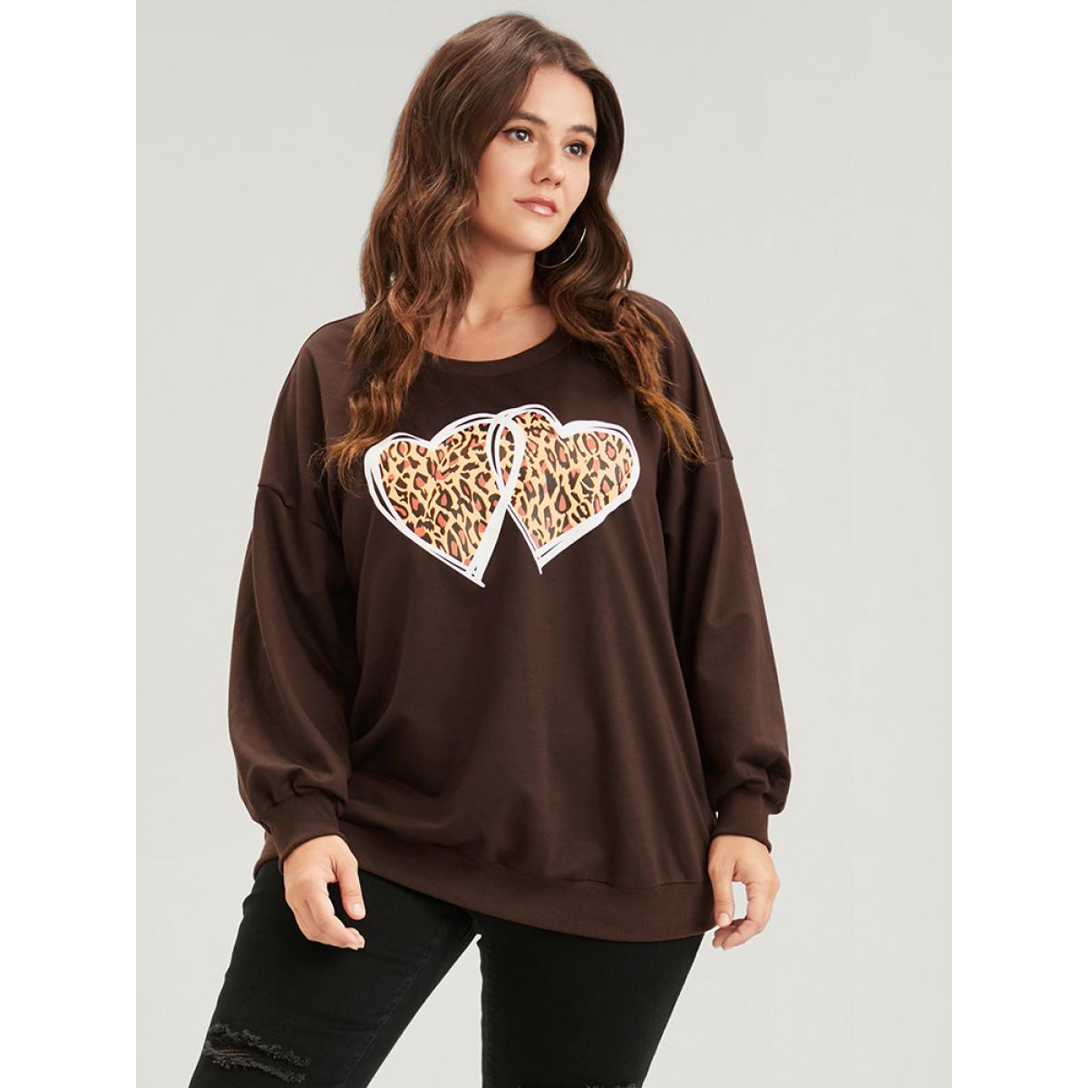Plus Size Heart & Leopard Print Drop Shoulder Sweatshirt Women DarkBrown Casual Plain Round Neck Dailywear Sweatshirts BloomChic 10/M Product Image