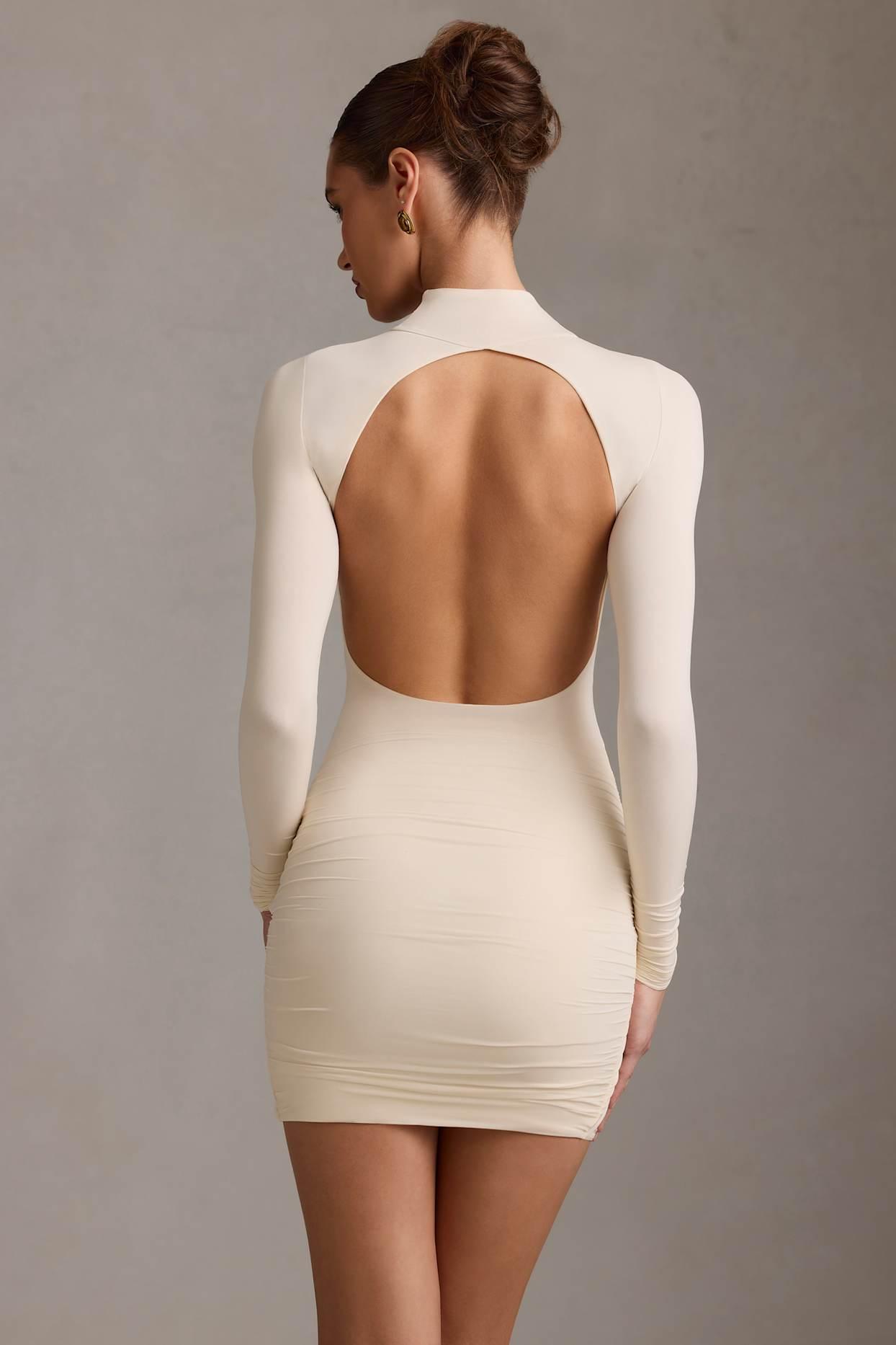 Ruched Backless Turtleneck Mini Dress in Ivory Product Image