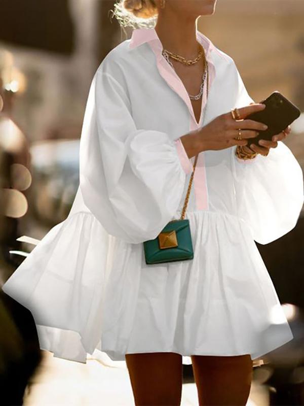 A-Line Long Sleeves Buttoned Contrast Color Pleated Lapel Mini Dresses Shirt Dress Product Image