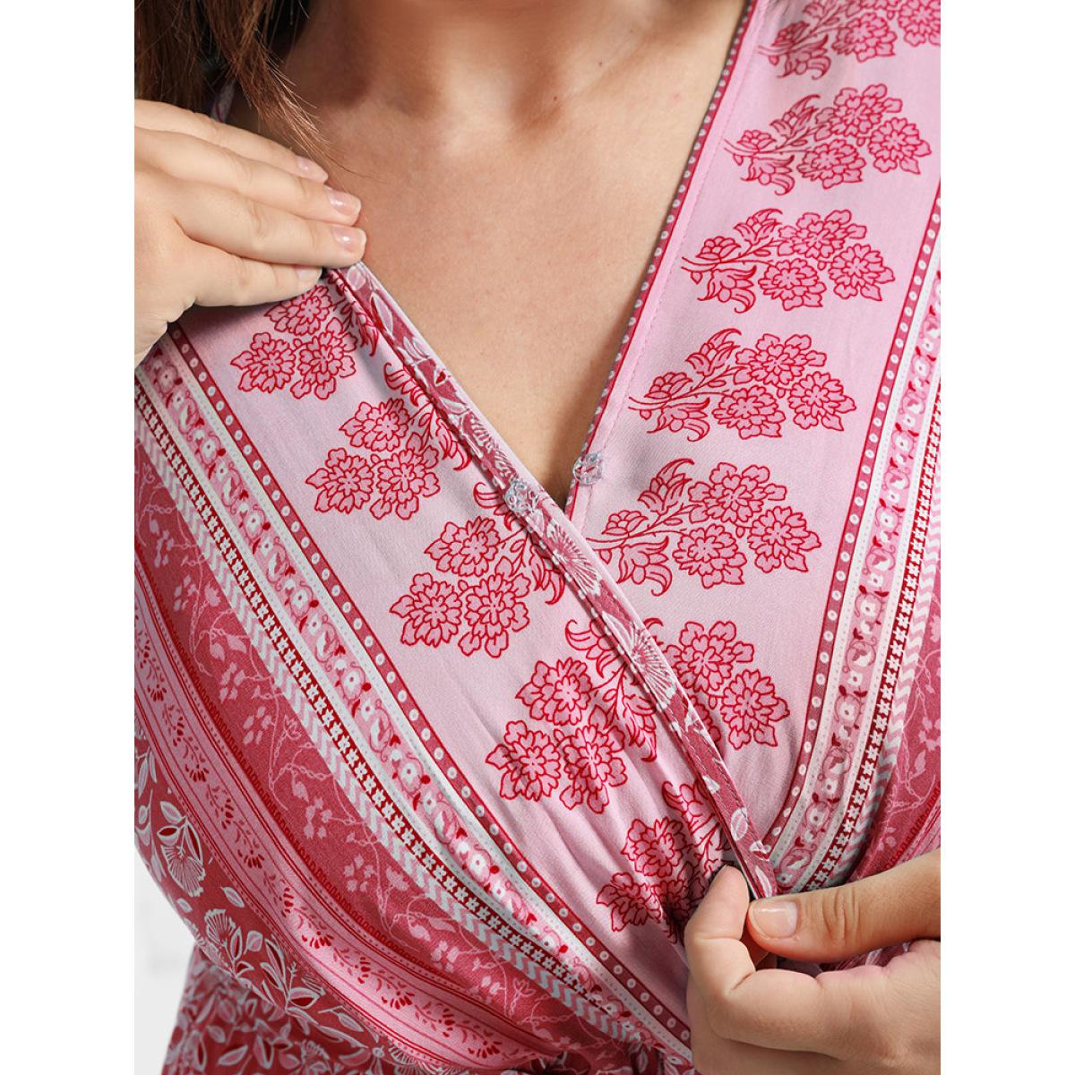 Plus Size Ditsy Floral Ruffled Knotted Wrap Dress Pink Women Elegant Ruffles V-neck Short sleeve Curvy Knee Dress BloomChic 22-24/3X Product Image