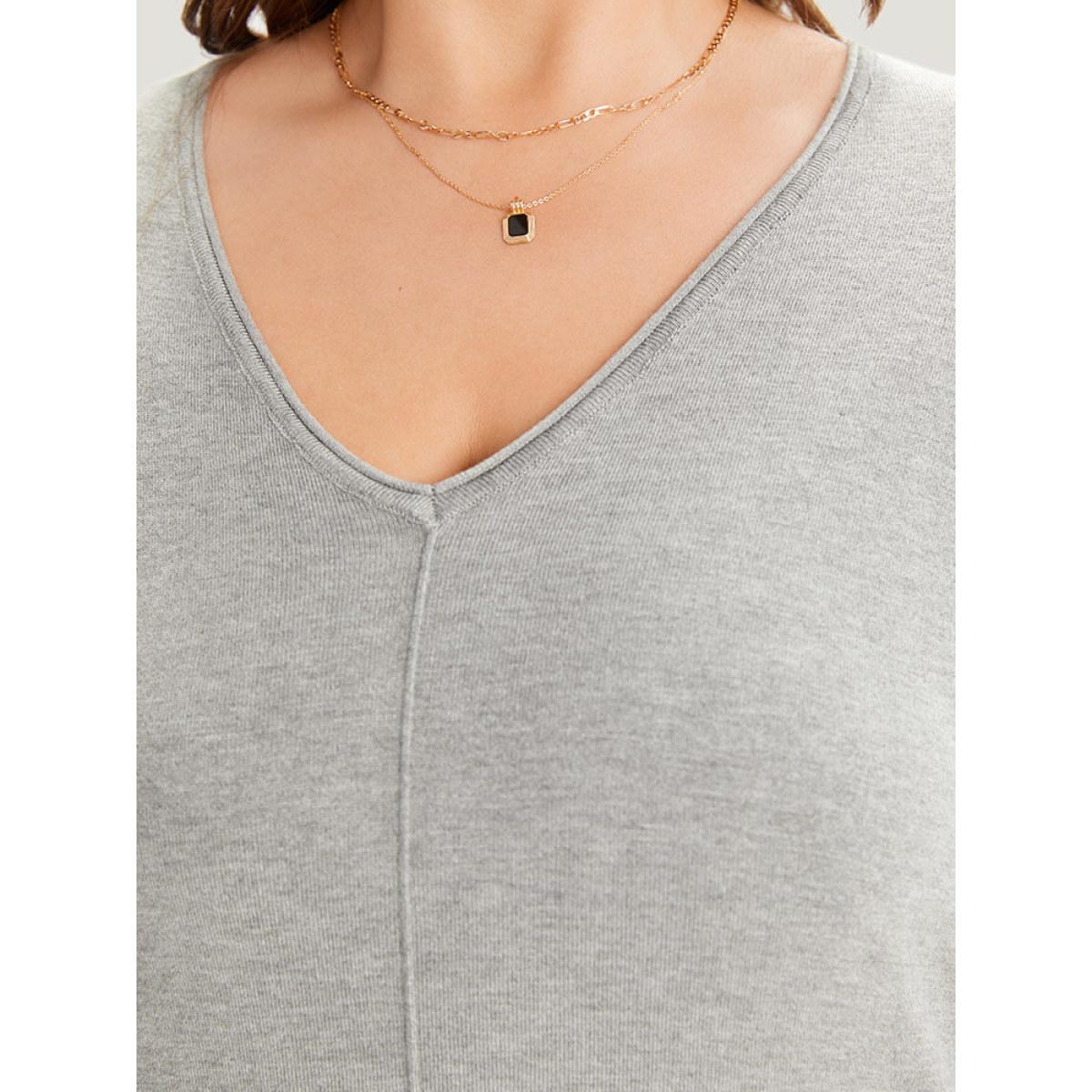 Plus Size Supersoft Essentials Plain Patchwork Split Side Pullover LightGray Women Casual Loose Long Sleeve V-neck Everyday Pullovers BloomChic 18-20/2X Product Image