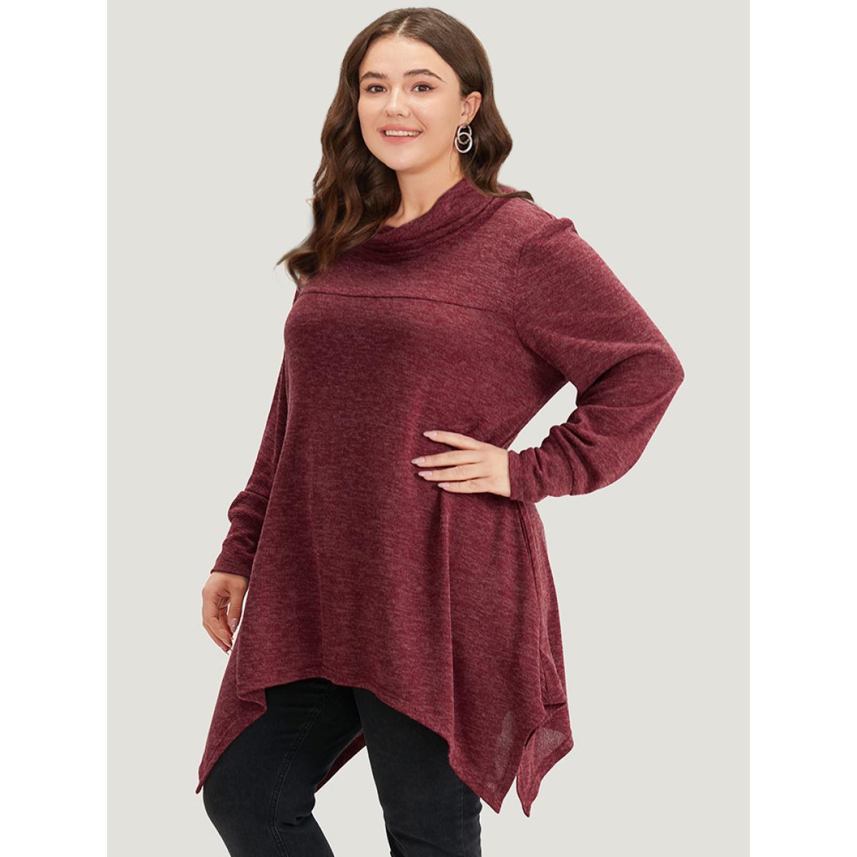 Plus Size Solid Turtleneck Pocket Hanky Hem Sweatshirt Women Scarlet Elegant Elastic cuffs Overlap Collar Dailywear Sweatshirts BloomChic 18-20/2X Product Image