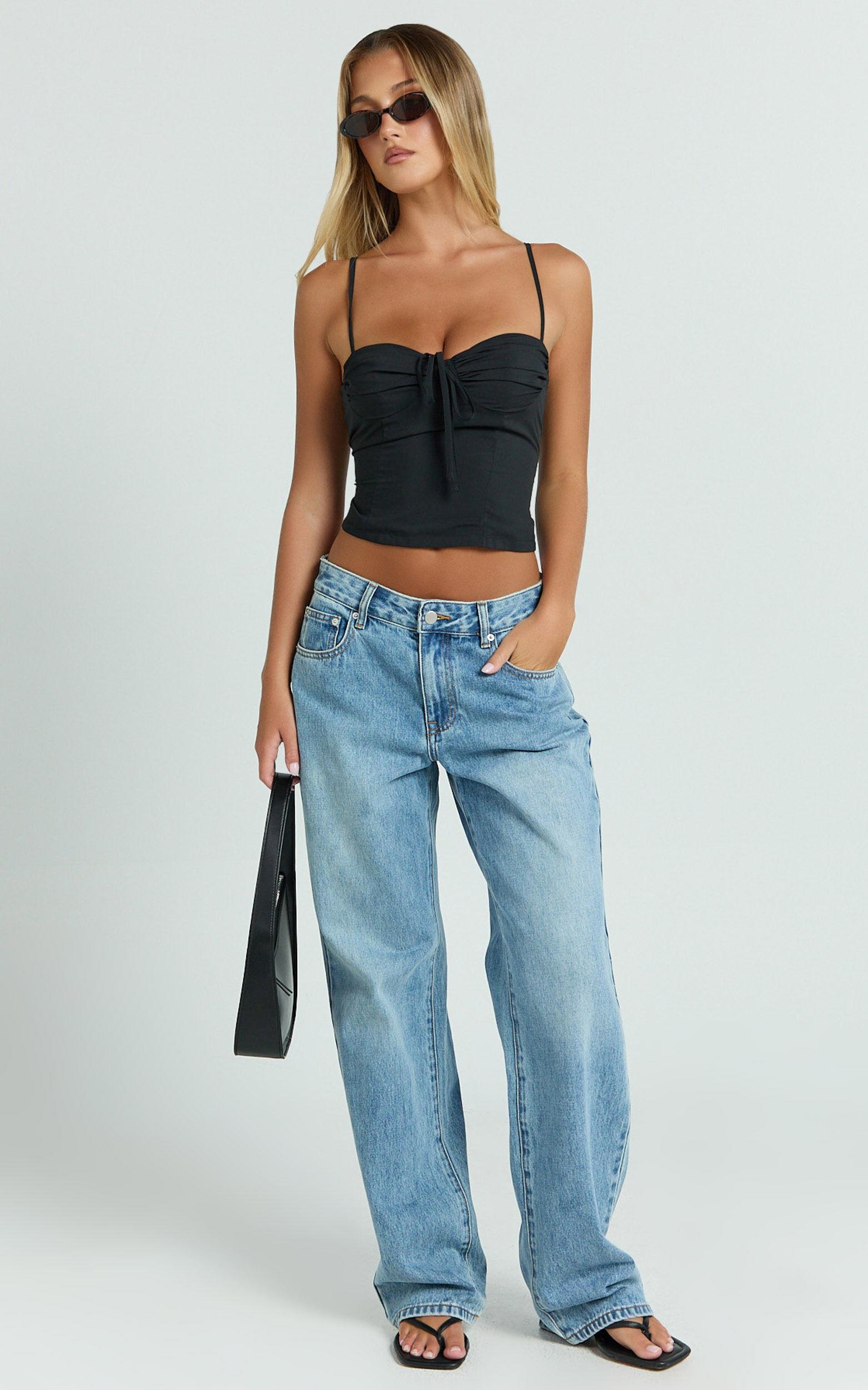 Clare Top - Gathered Front Bow Strappy Crop Top in Black Product Image